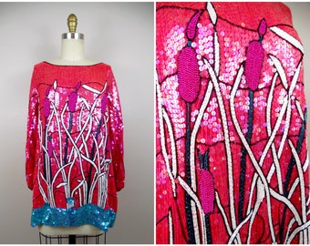 RARE Bright Sequin Top / Neon Pink Sequined Blouse / Abstract Cattails Sequin Beaded Top