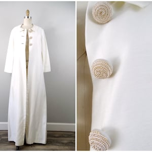 Vintage 60&#39;s White Beaded Button Coat // Bridal Dress Coat // Floor Length Wedding Coat