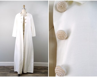 Vintage 60's White Beaded Button Coat // Bridal Dress Coat // Floor Length Wedding Coat