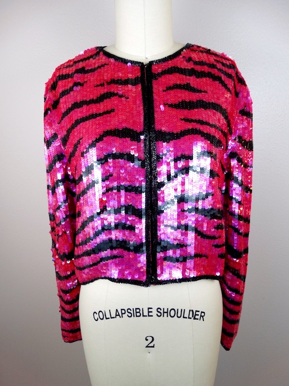 S/M Wild Tiger Print Sequin Bolero // Neon Pink S… - image 2