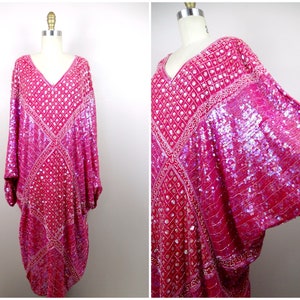 Plus Size Sequined Dolman Sleeve Dress // Bright Pink Vintage Sequin Embellished Beaded Dress // Oversized Glam Kaftan Dress