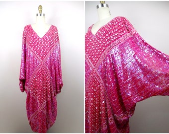 Plus Size Sequined Dolman Sleeve Dress // Bright Pink Vintage Sequin Embellished Beaded Dress // Oversized Glam Kaftan Dress