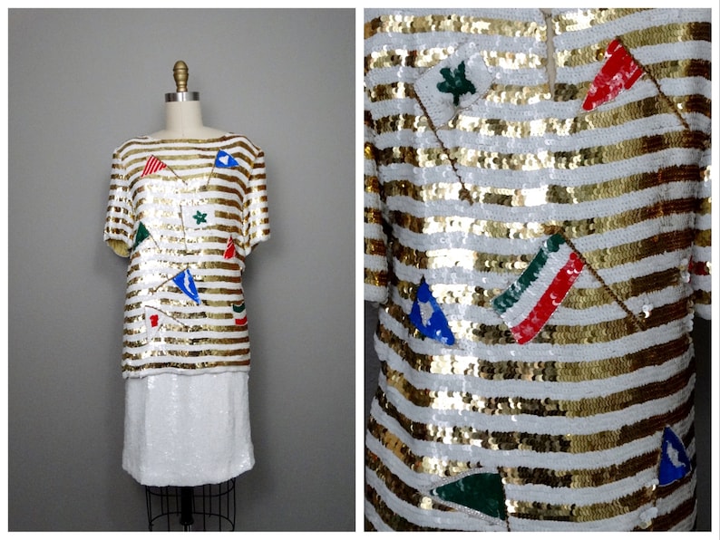 Retro Flashy Sequined Top Skirt by Lillie Rubin White and Gold Striped Sequin Embellished Glam Ensemble International Flags Dress