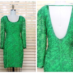Bright Beaded Mini Dress / Kelly Green Fully Beaded Dress by Black Tie Oleg Cassini S/M