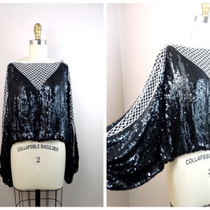 Oversized Retro MOD Sequin Top / Black and White Vintage Beaded Dolman Sleeve Crop Top