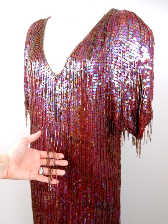 All Over Fringe Beaded Gown // Fully Beaded Sequi… - image 3