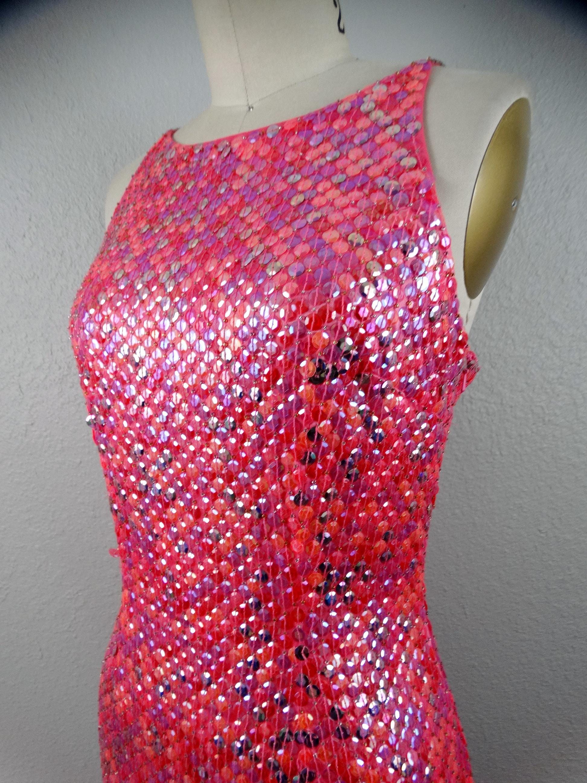 DAZZLING Barbie Pink Sequin Gown / Bright Hot Pink Sequined Dress W/ High  Slit Size Small - Etsy