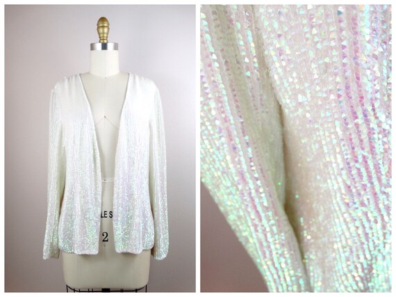 DAZZLING Iridescent Sequin Cardigan Top // White … - image 4