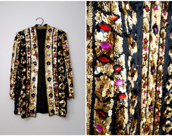 Jewel Embellished Gold Sequin Jacket / GLAM Sequined Red and Pink Bejeweled Long Cardigan