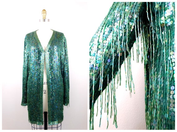 RARE All Fringe Beaded Jacket Dressy Cocktail Evening Open Top Emerald Green Glass Beaded Sequined Long Cardigan S M Etsy
