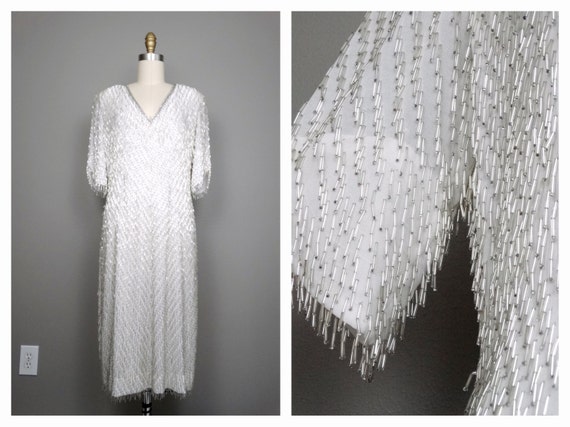 M/L Silver Beaded Fringe Dress / White GLAM Fring… - image 1