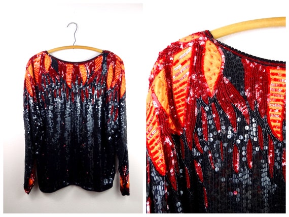M/L Neon Flames Sequined Beaded Top by Judith Ann