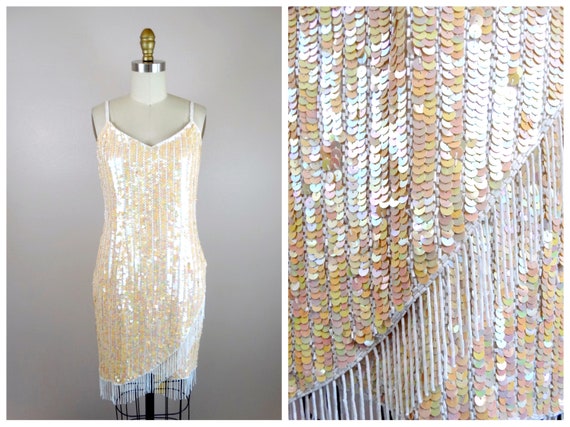 Iridescent Fringe Beaded Sequined Dress • Ivory S… - image 7