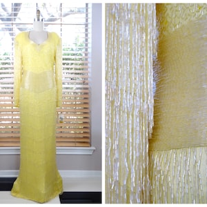 HEAVY Fringe Beaded Gown / Pale Yellow Vintage Couture Dress / Heavily Embellished Pastel Gown