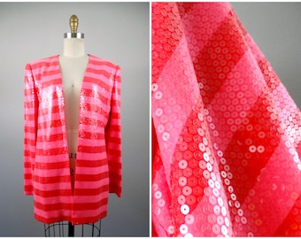 Carolina Herrera RARE Vintage Sequin Blazer // Retro Red and Pink Stripes Jacket // Bright Striped Designer Couture Blazer