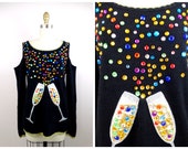 NYE Vintage Jewel Beaded Sweater New Years Eve Party Top NYE Celebration Rainbow Bedazzled Champagne Sequined Blouse w Cold Shoulders