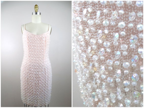 80s Iridescent Jewel Beaded Dress // Pastel Blush… - image 3