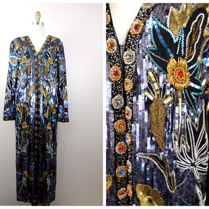 EXTRAVAGANT Sequined Duster Robe // GLAM Jewel Beaded Dress Coat // Fully Embellished Silk Floor Length Jacket