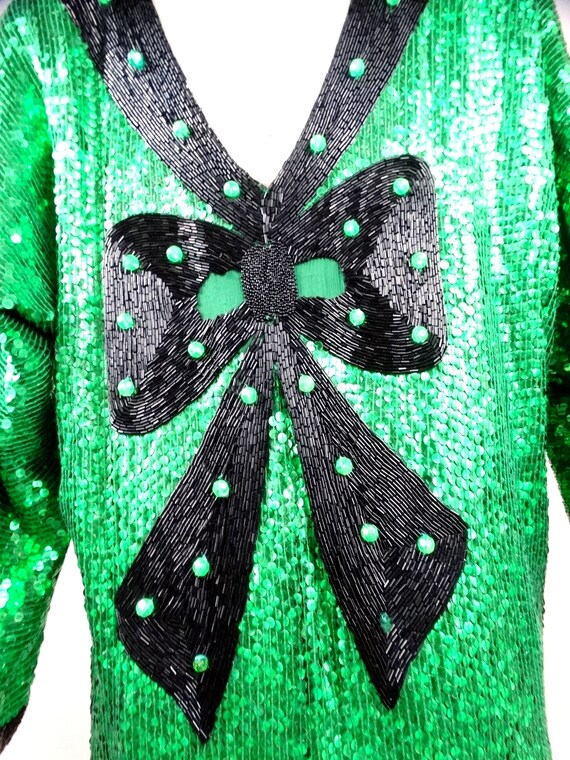 RARE Beaded Glam Bow Emerald Sequin Dolman // Vin… - image 5