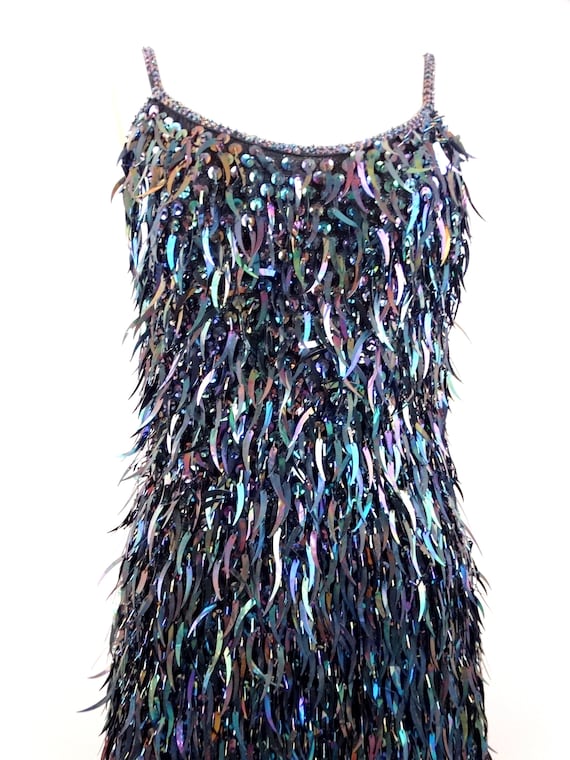 XS/S Fringe Sequin Party Dress // Iridescent Cattail … Gem