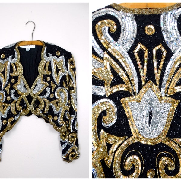 Lillie Rubin Beaded Bolero Shrug / Ornate Silver and Gold Beaded Vintage Couture Cropped Jacket M/L