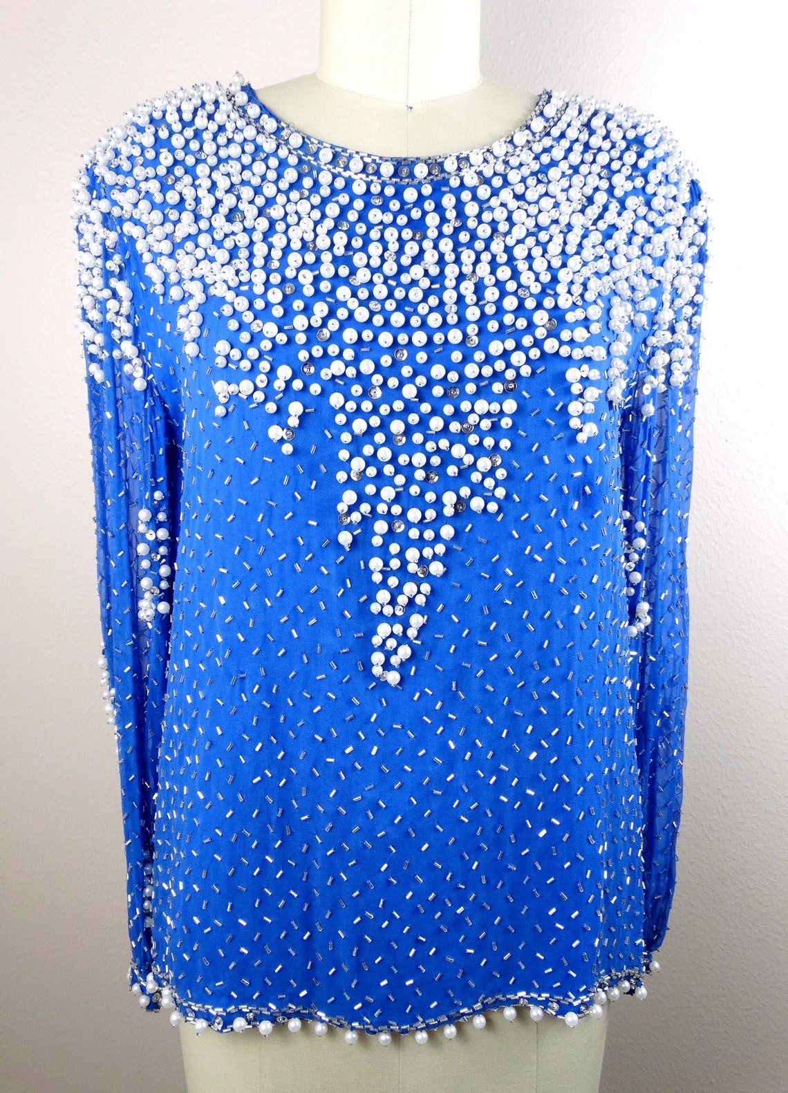 S/M Pearl Beaded Blouse // Vintage Long Sleeve Bright Blue Etsy