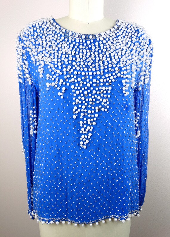 VTG Lillie Rubin Pearl Beaded Blue Top // Vintage… - image 2