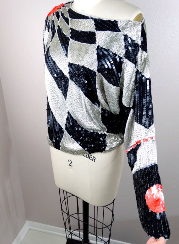 HEAVY Beaded Dolman Sleeve Top / NEON Sequined Co… - image 3