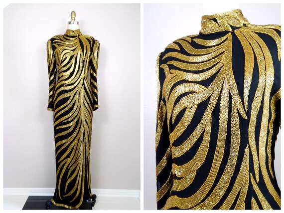 Gold Beaded Gown // Art Deco Black & Gold Sequin … - image 4