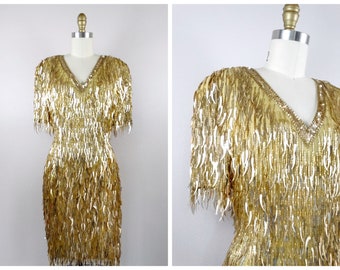 Vintage GLAM Sequin Fringe Beaded Dress // Cattail Gold Fringed Beaded Sequined Dress