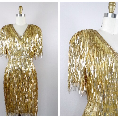Vintage Hand Beaded Cocktail Dress / Gold Sequined Dress / - Etsy
