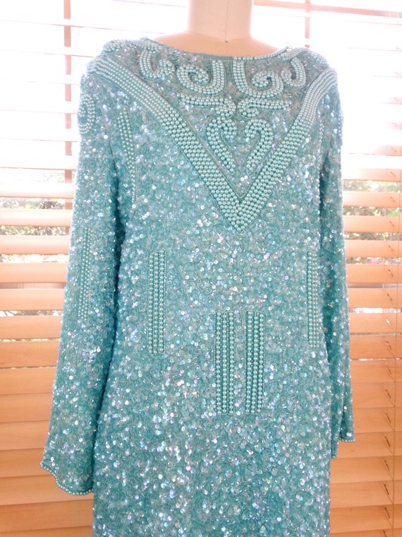 L/XL Mint Green Beaded Sequined Dress / Pastel Pe… - image 2