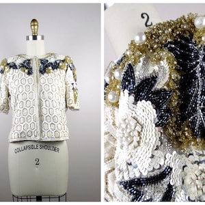 RARE Pearl Beaded Bolero / Ornate Sequin Bridal Shrug / Ivory White and Gold Beaded Raw Silk Sequined Cropped Jacket