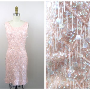 50s 60s Paillette Sequined Dress / Pink Fully Sequined Beaded Dress / 1960s Fringe Paillettes Embellished Dress
