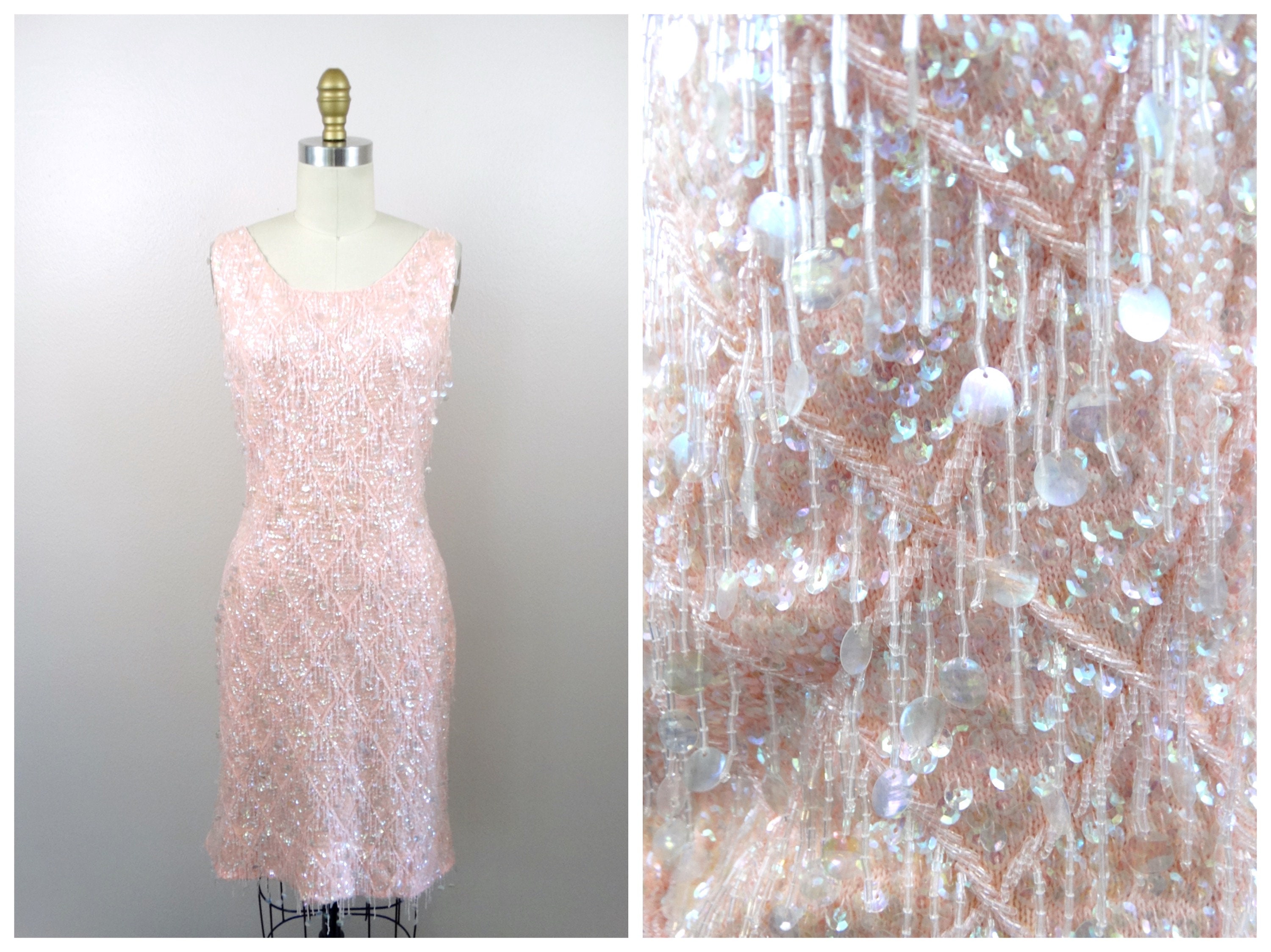 50s 60s Paillette Sequined Dress / Pastel Pink Beaded Dress / 1950s 1960s  Fringe Dress - Etsy
