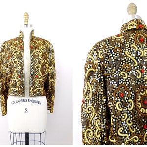 James Benjamin Jewel Beaded Cropped Jacket / Gold Sequin Red Jeweled Bolero / Ornate Vintage Embroidered Jacket Shrug