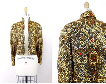 Ornate Jewel Beaded Cropped Jacket / Gold Sequin Red Jeweled Bolero / Vintage Embroidered Jacket Shrug by James Benjamin