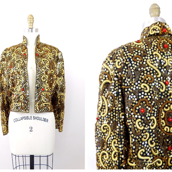 Ornate Jewel Beaded Cropped Jacket / Gold Sequin Red Jeweled Bolero / Vintage Embroidered Jacket Shrug by James Benjamin