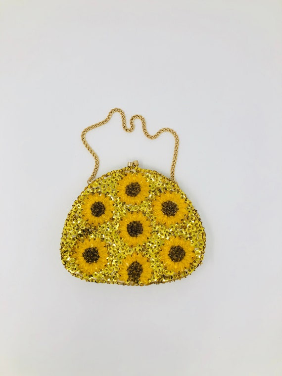 Retro Beaded Sunflower Purse // Yellow Beaded Gol… - image 1