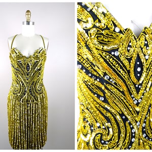Lillie Rubin Couture Sequined Beaded Dress // Ornate Gold Sequin Embellished Cocktail Dress // Rhinestone Crystal Beaded Mini Dress