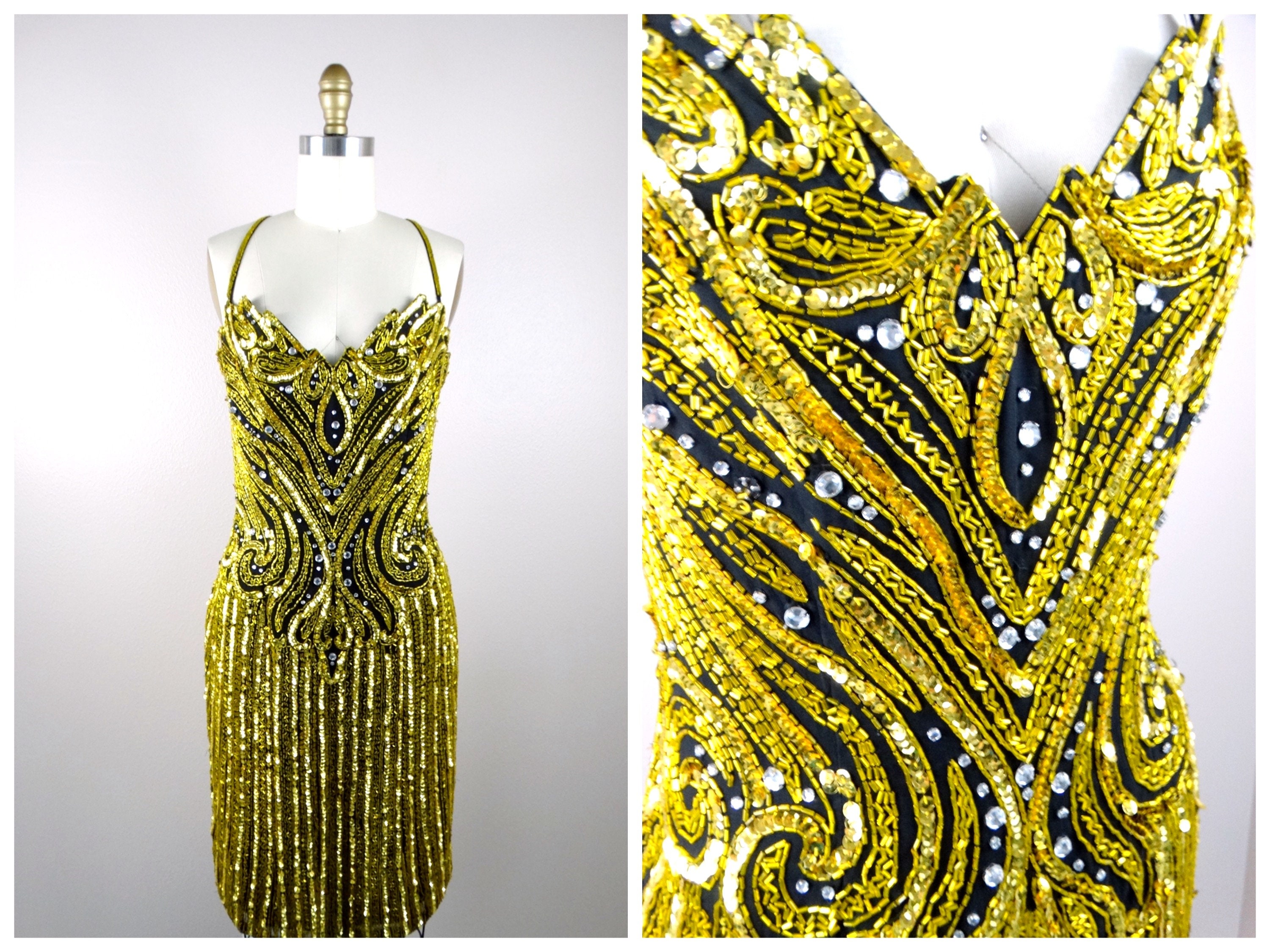 rubendall gold dress Lillie Rubin Couture Sequined Beaded // Ornate Sequin Embellished Cocktail Dress // Rhinestone Crystal Beaded Mini Dress Dress watch
