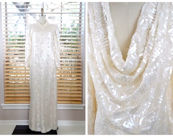 Vintage Pearl Beaded Ivory Sequined Wedding Dress / Fully Embellished Gown / Off White Sequin Wedding Gown w/ Swoop Back