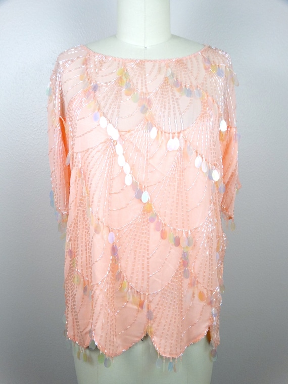 Sparkly Paillette Sequin Top / Peach Silk Sequine… - image 2