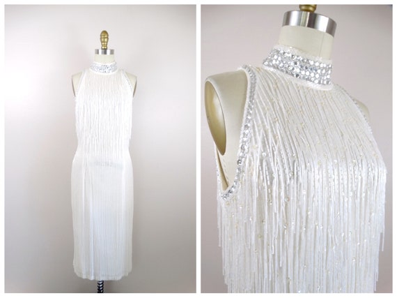 Fringed Beading Dress / White Fringe Beaded Dress… - image 6