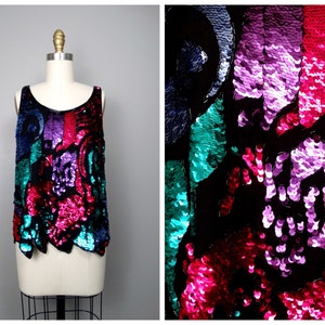 90s Bright Sequin Sleeveless Top // Pink & Purple Abstract Sequined Tank Top