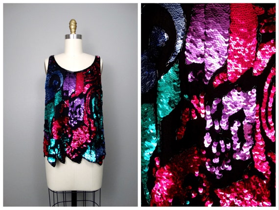 90s Bright Sequin Sleeveless Top // Pink & Purple… - image 1