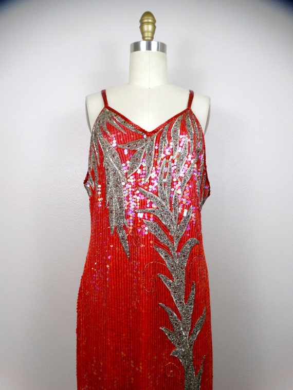 M/L Red Silk Sequined Beaded Evening Gown w/ Bole… - image 4