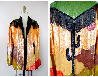 CACTUS Glam Sequin Jacket / 80s Retro Desert Pop Art Deco Fully Sequined Jacket w/ Fringe Beading Extra Large XL