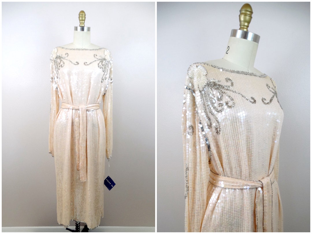 Large 1970s Pink Beaded Formal Dress