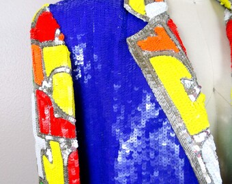 NEON Colorblock Sequin Blazer // Bright Color-block Sequined Coat // Retro Color  Block Jacket - Etsy